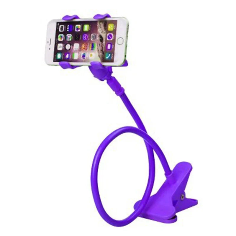 Purple flexible phone holder with clip mount and coiled spring arm for phone