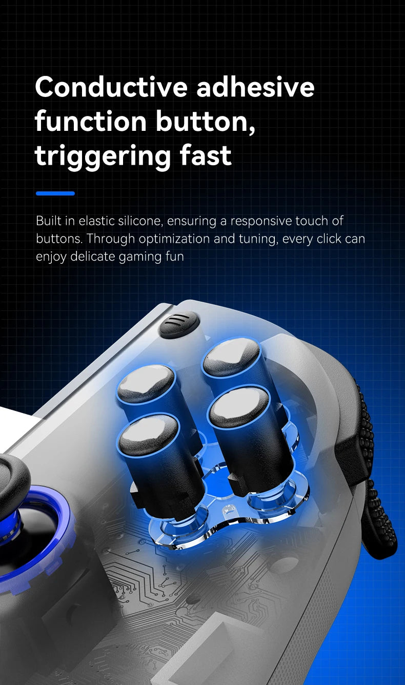 Blue and white gamepad controller with conductive button area and trigger caps