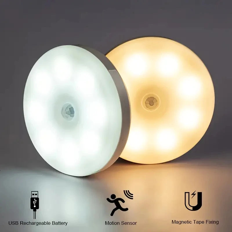 Round motion sensor night light in white and warm yellow glow with USB rechargeable