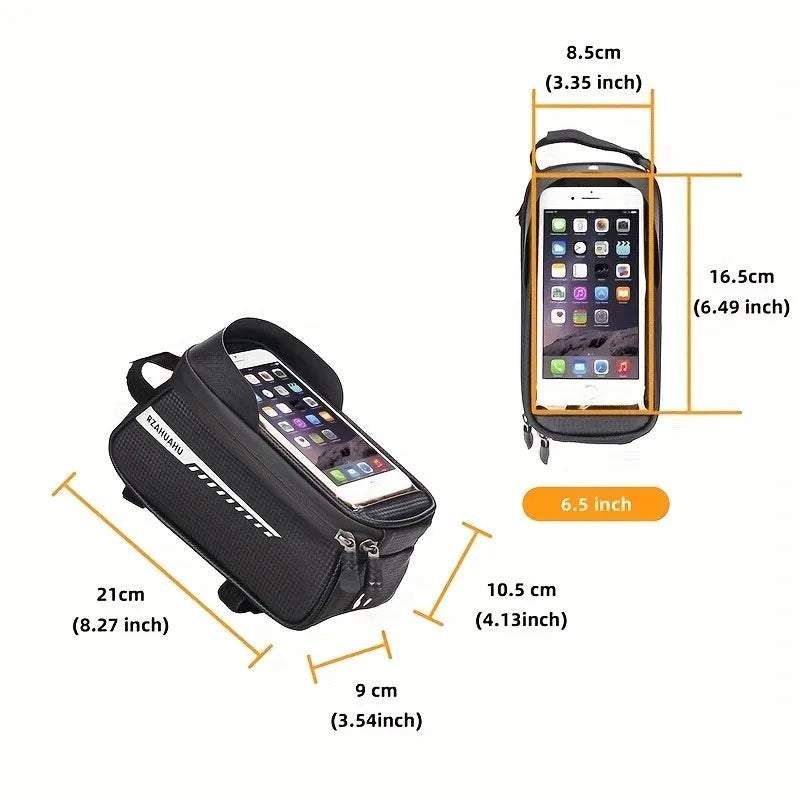 Black front frame bike bag size diagram with touchscreen phone window