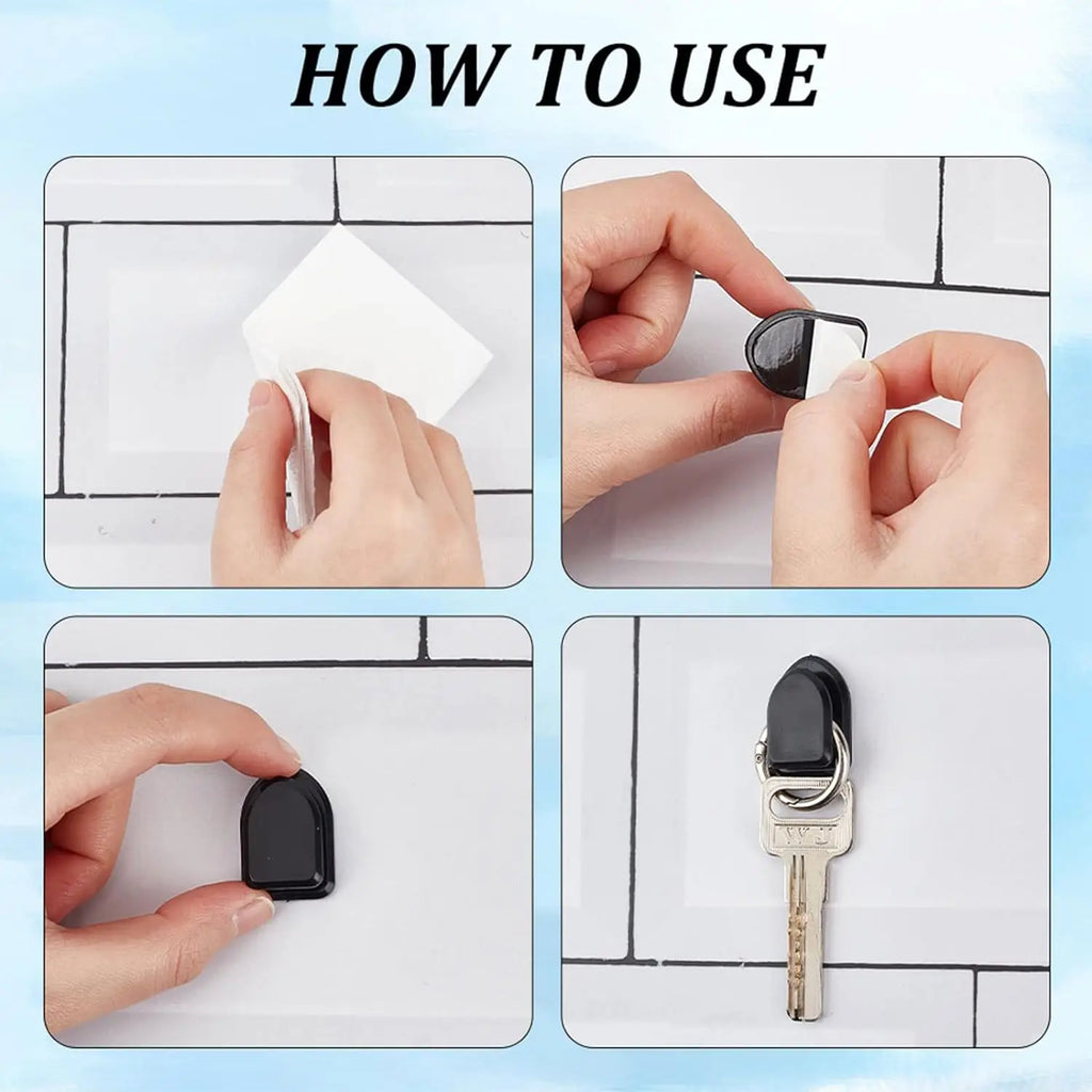 Adhesive hook holder application steps: peel backing and press in place