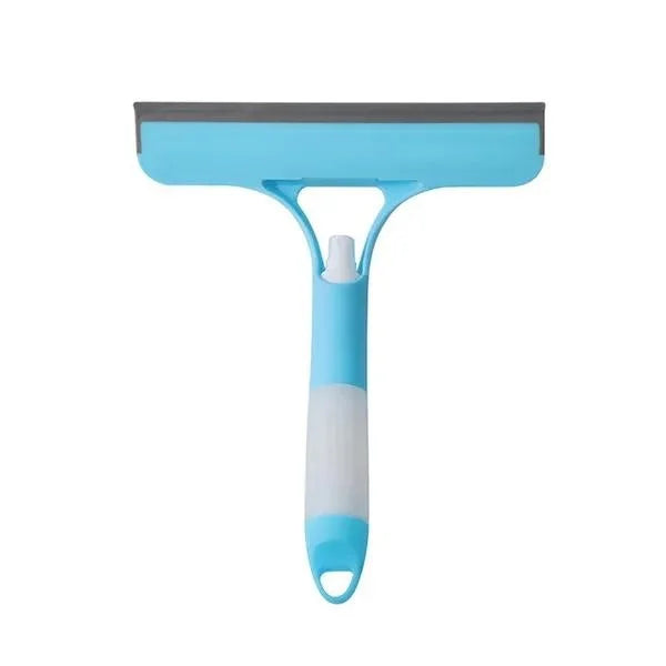 Blue window squeegee wiper with gray rubber blade and white handle