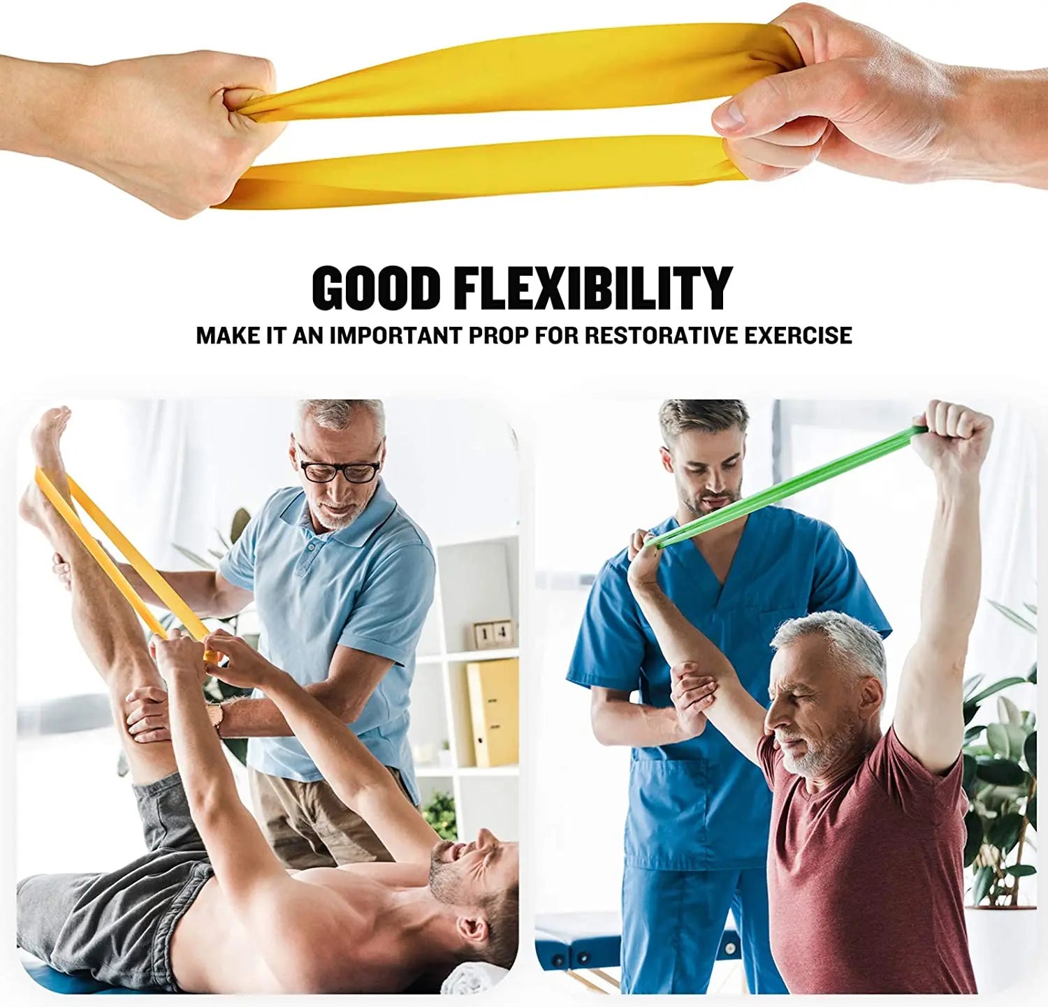 Yellow resistance loop band stretched between hands