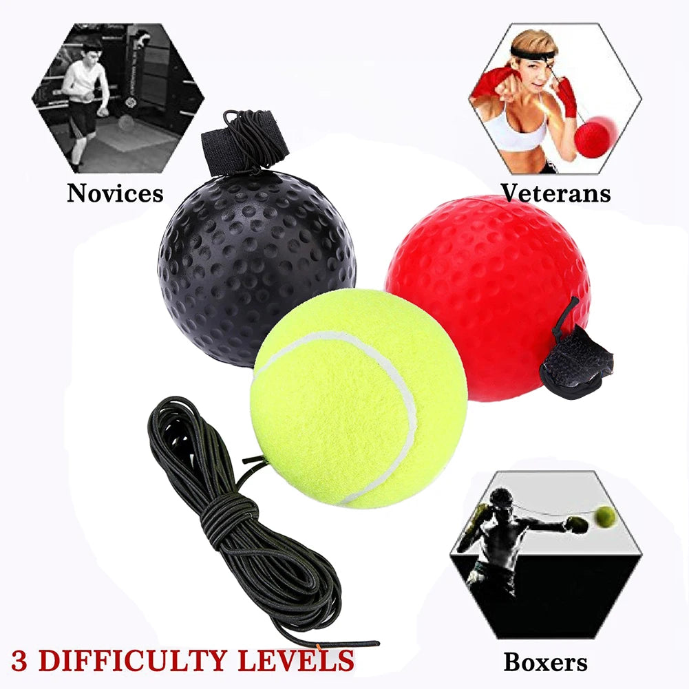 Reflex punch ball set with black, red, and neon yellow balls, cords, and difficulty levels