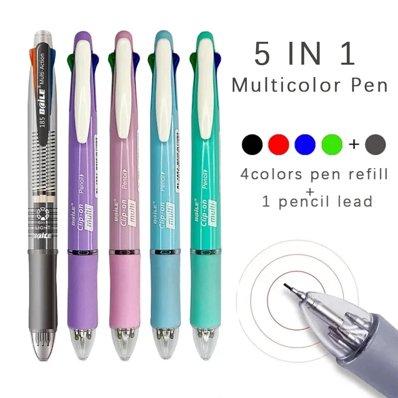5-in-1 multicolor ballpoint pen set with pencil lead; grey, purple, pink, blue, green barrels
