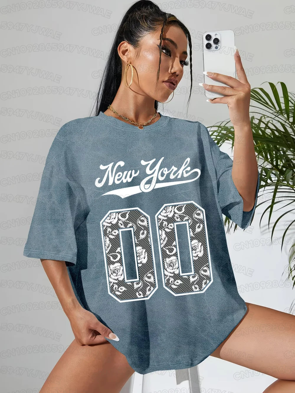 Women's v-neck short-sleeve T-shirt, slate blue tie-dye with New York 10 graphic