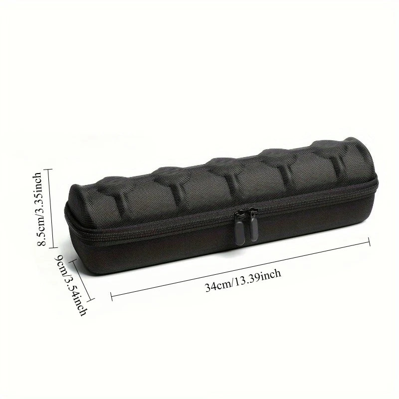 Black hard-shell watch case with textured fabric, zip closure, and top carry handle.