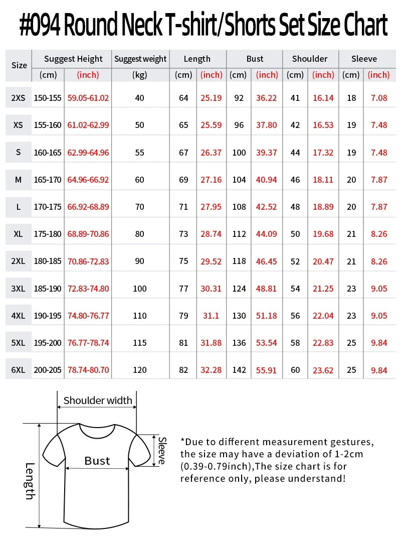 Size chart for round neck T-shirt with measurement guide by size