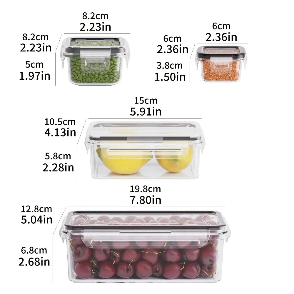 Clear plastic airtight food container set shown with lid and container size measurements.
