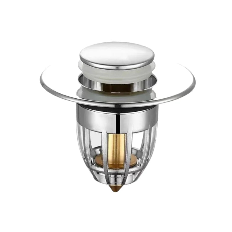 Chrome pop-up drain stopper with round push cap and filter basket housing