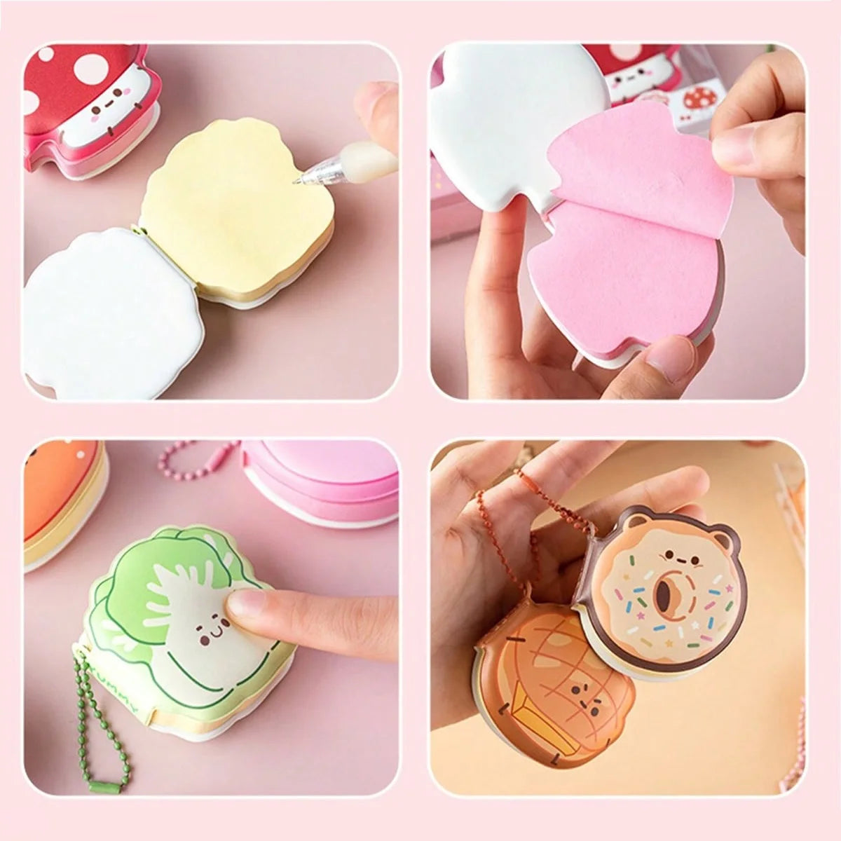 Cartoon food-shaped memo pads being held and peeled in four views