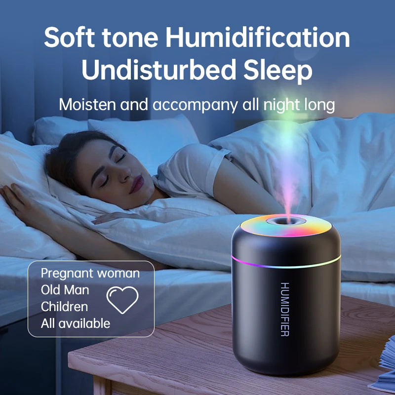 Black mini humidifier for bedside with rainbow LED top and fine mist