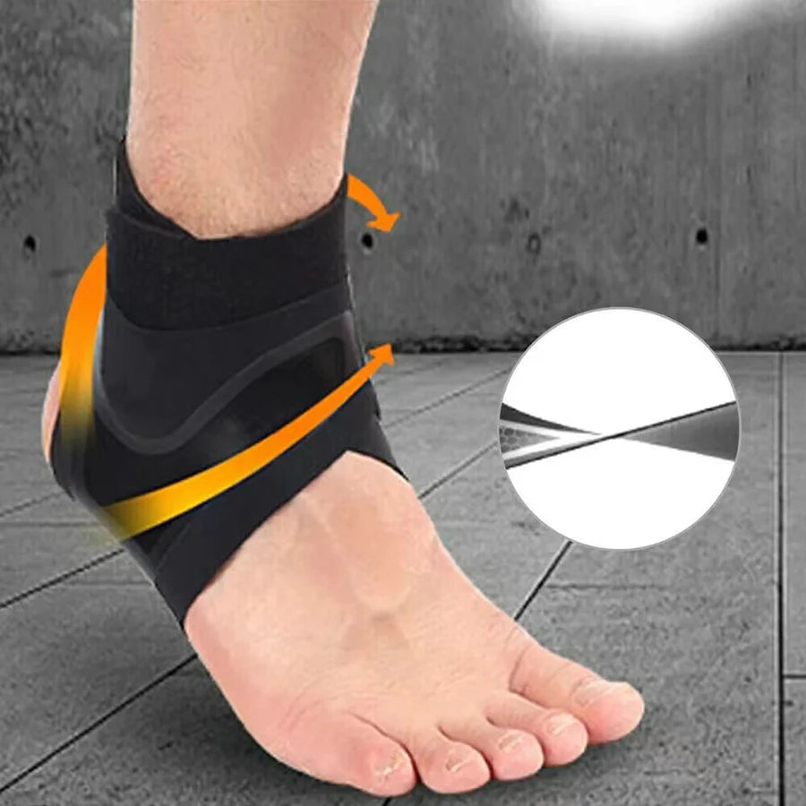 Black ankle support compression sleeve with gray logo and orange accent arrows