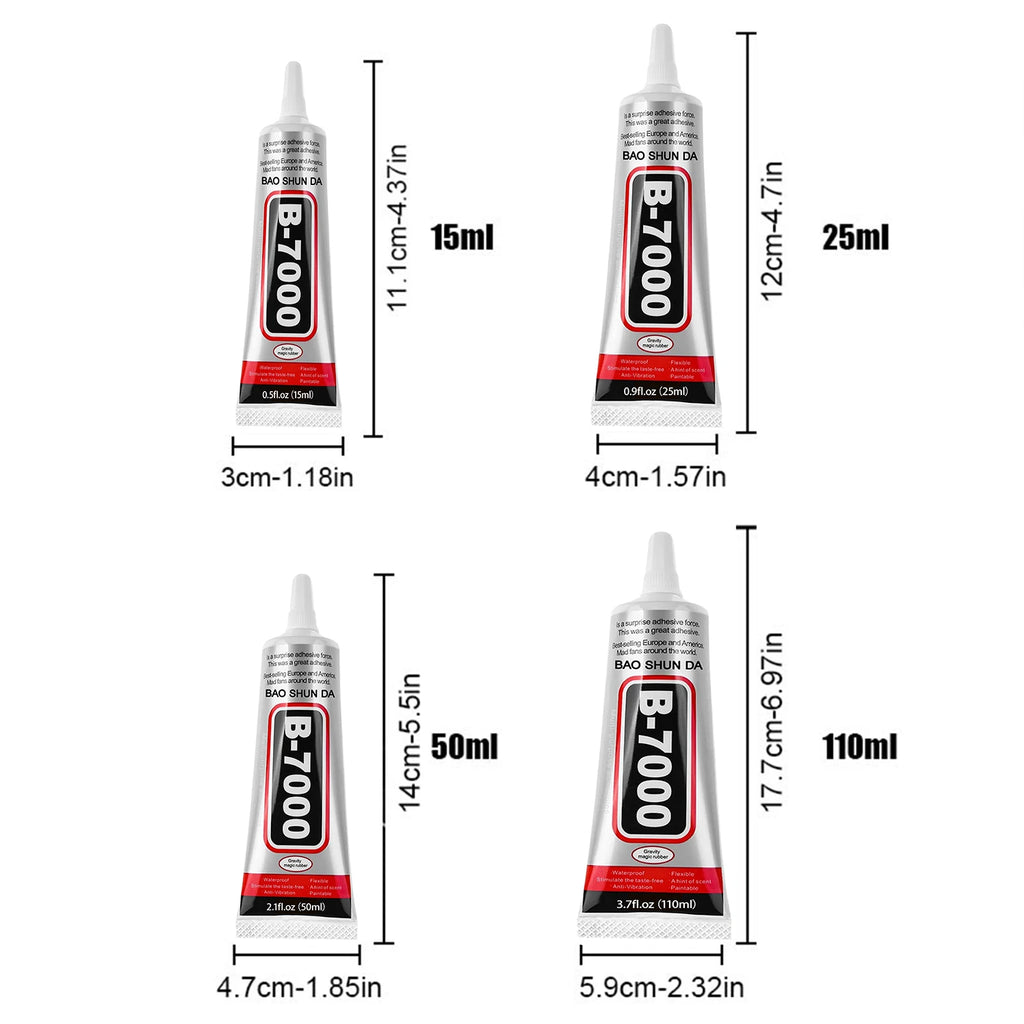 Clear and black adhesive glue tubes in 15ml, 25ml, 50ml, and 110ml sizes