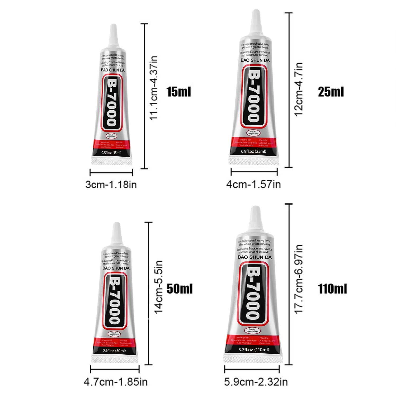 Clear and black adhesive glue tubes in 15ml, 25ml, 50ml, and 110ml sizes