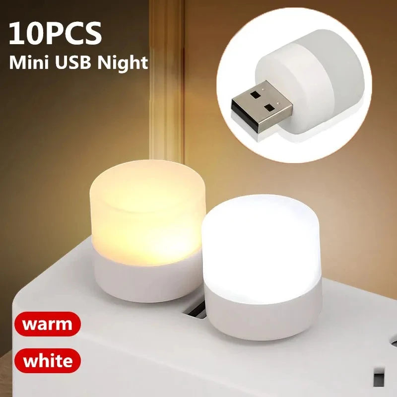 10-pack mini USB night lights with round white bases for warm and white light