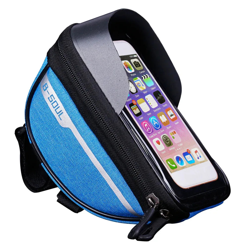 Blue bike handlebar touch-screen phone bag with clear front window and zipper pocket