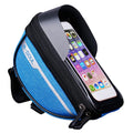 Blue bike handlebar touch-screen phone bag with clear front window and zipper pocket