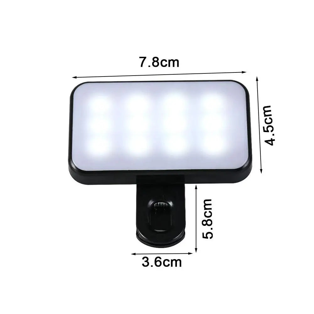 Rectangular LED selfie light with clip, size marked 7.8cm by 4.5cm