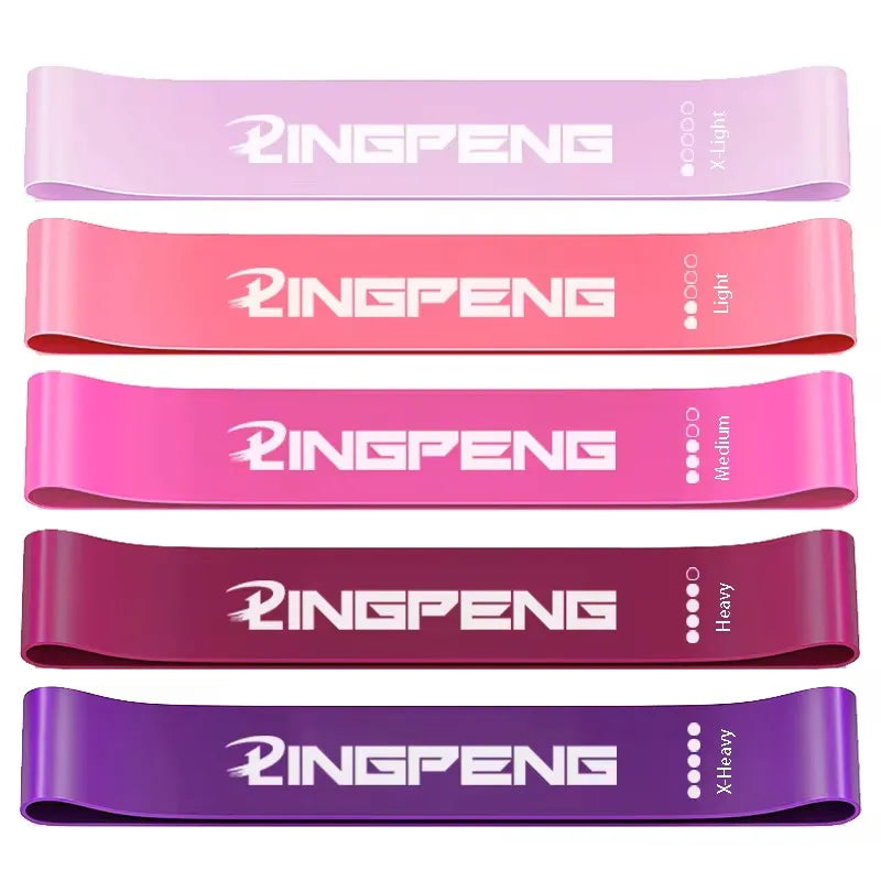 Set of five pink resistance yoga loop bands with LINGPENG logo