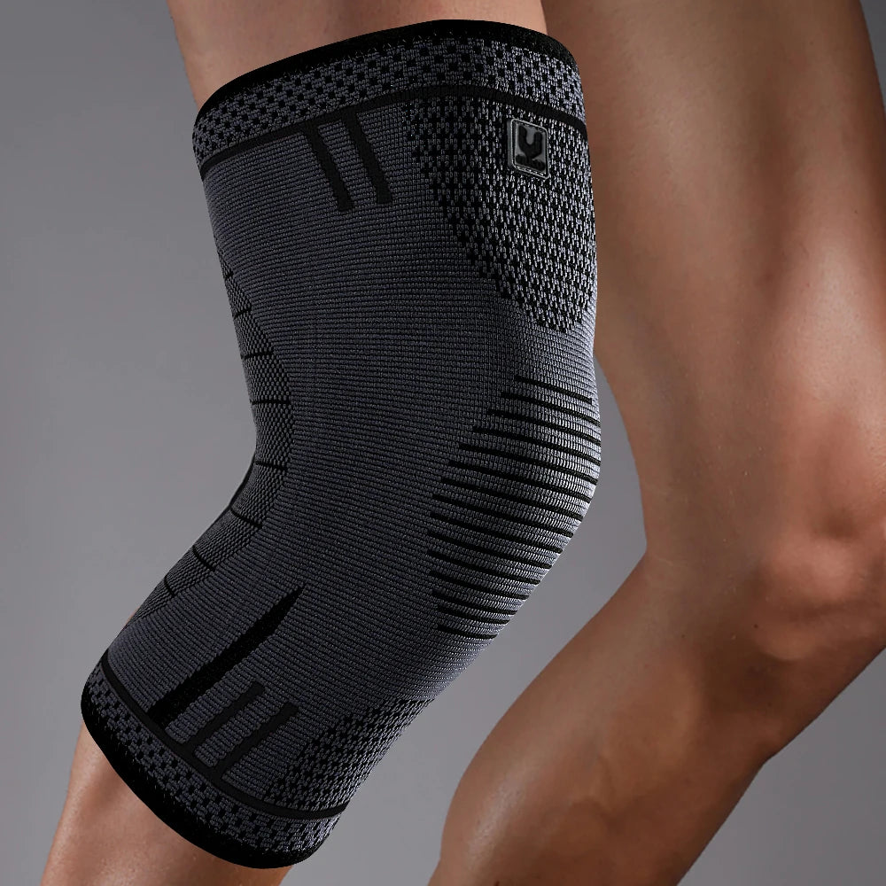 Black compression knee sleeve brace with breathable knit and elastic support band