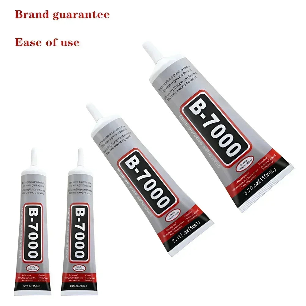 B-7000 contact repair adhesive tubes with white applicator nozzles, angled display