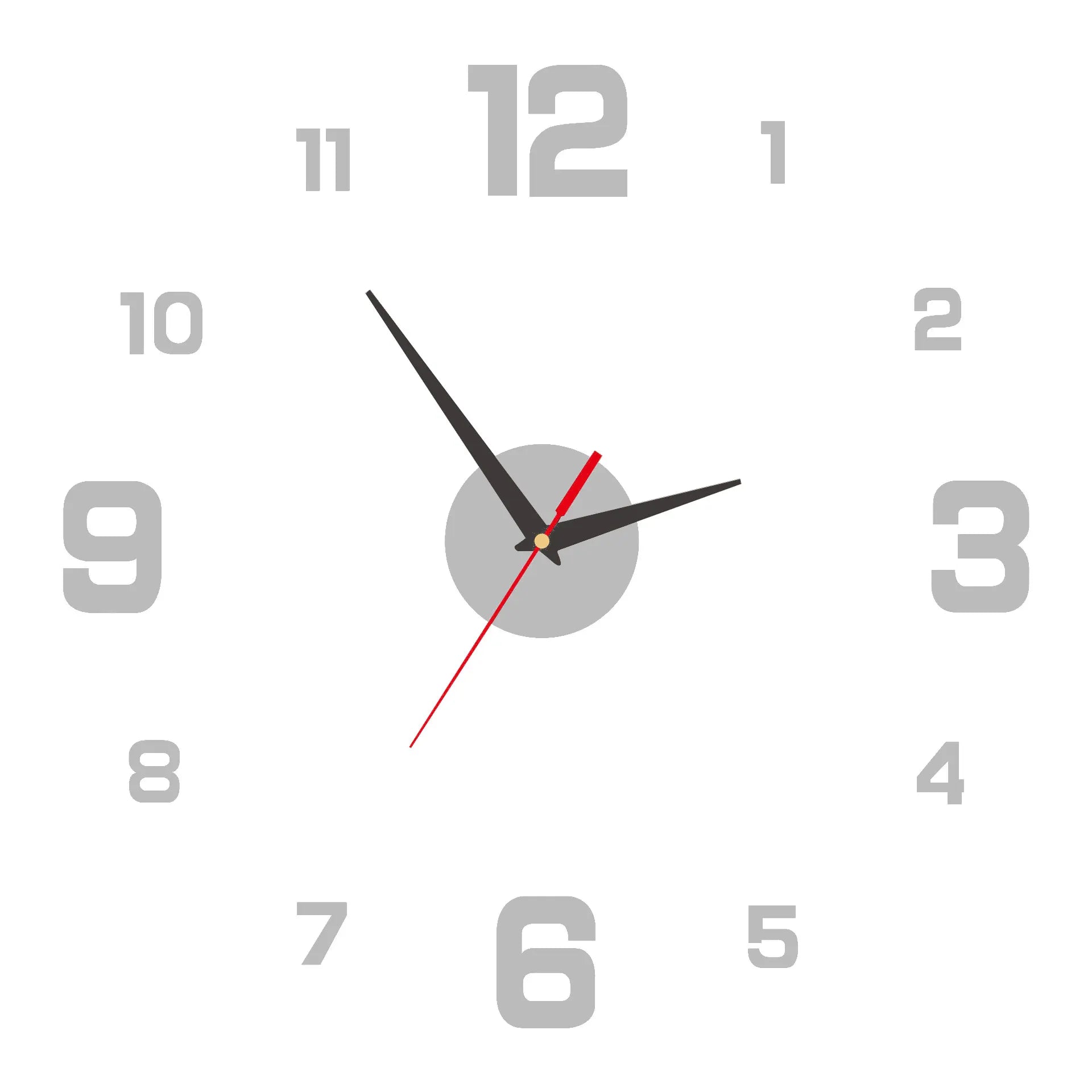 Gray wall clock sticker with bold numerals, black hands, and red pointer accents