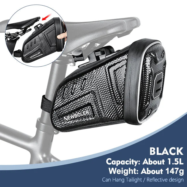 Waterproof black saddle tool bag mounted under the seat, reflective sides and strap