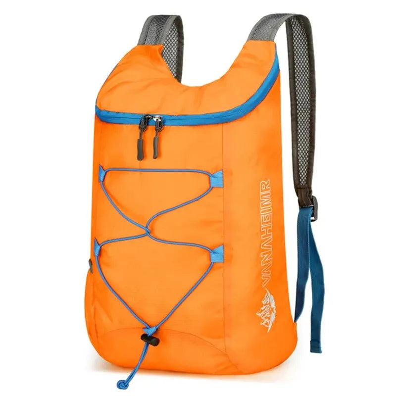 Orange folding backpack with blue trim, front bungee organizer and mesh back straps