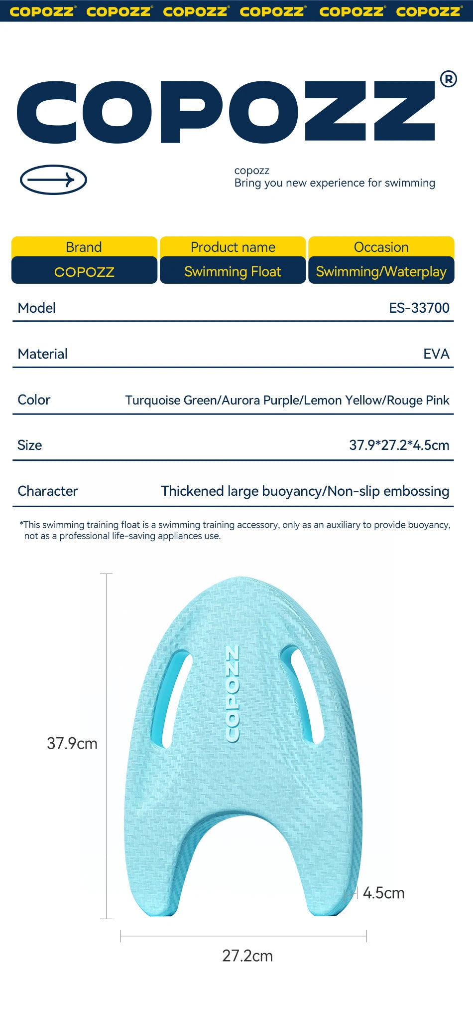 Turquoise EVA swimming float board with side handle slots and COPOZZ branding