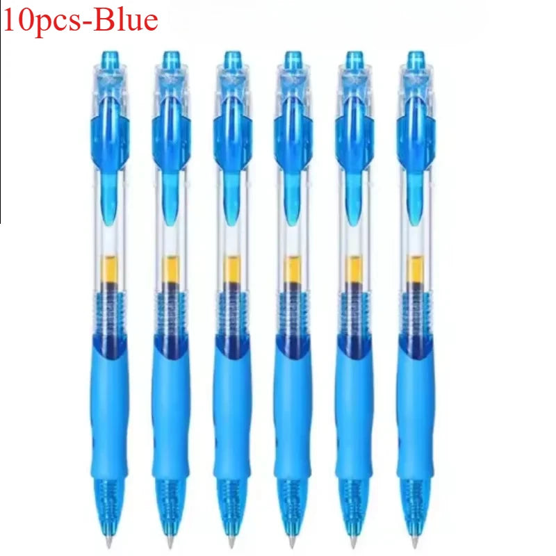 Retractable gel pen set of 10, blue barrels with clip and retractable tips.