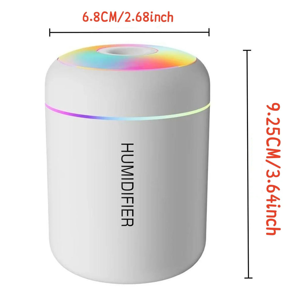 White mini humidifier close-up with rainbow LED top ring and humidifier label