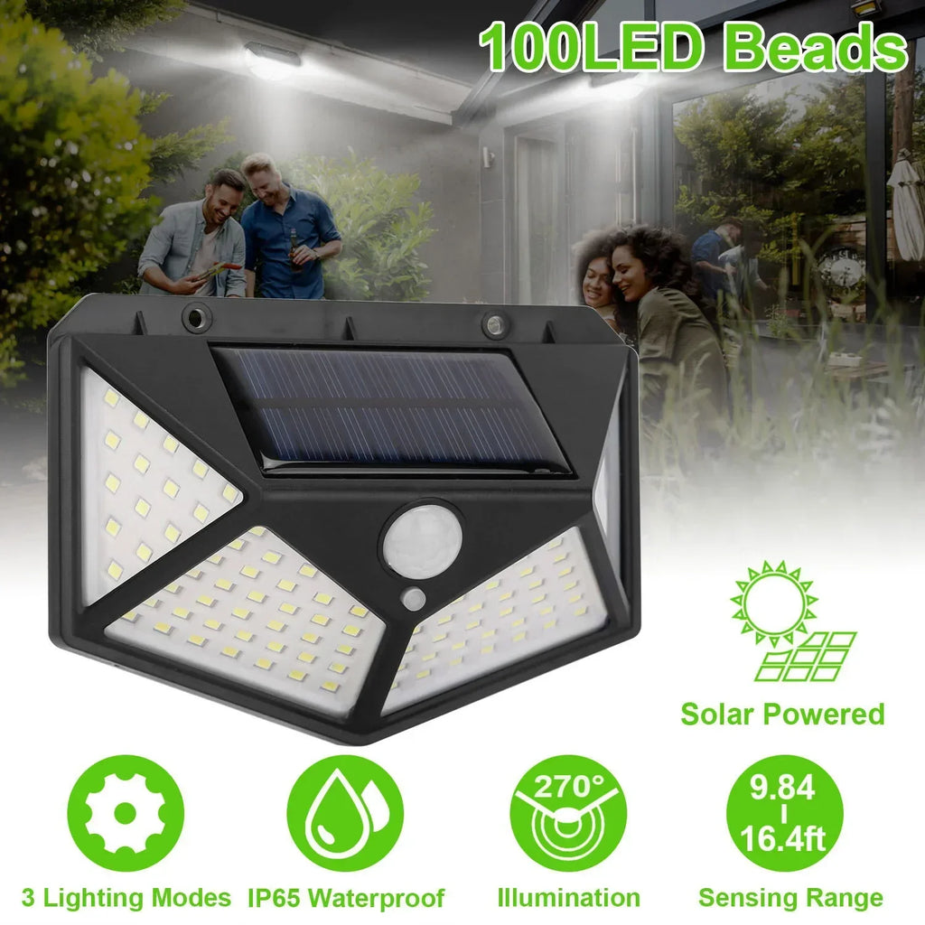 Solar powered outdoor motion light with solar panel and 3-sided LED layout; black body