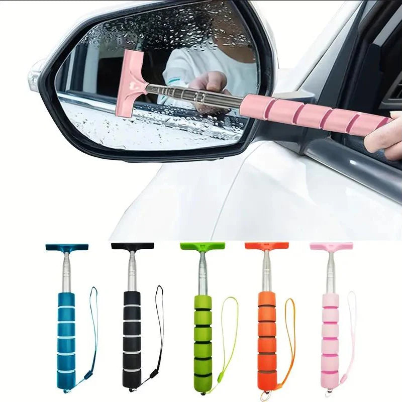 Telescopic rearview mirror wiper set with pink, blue, green, orange, and black handles