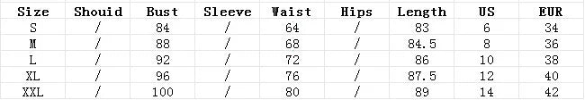 Dress size chart table with shoulder, bust, sleeve, waist, hips, length by size