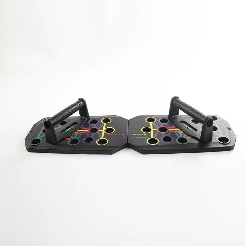 Foldable push-up board set with textured handles and colorful ring layout on black