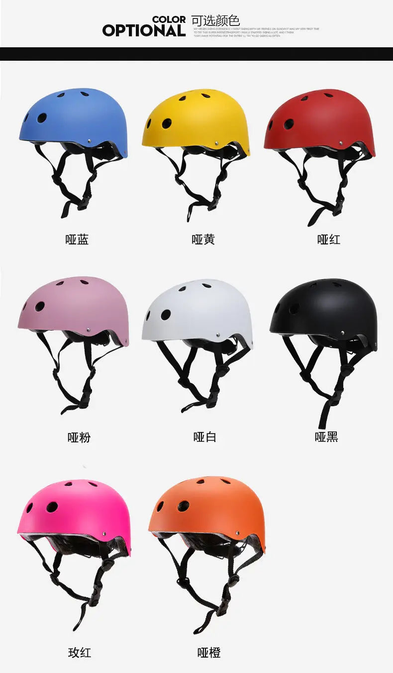 Kids bike helmet color options: blue, yellow, red, pink, white, black, and orange.