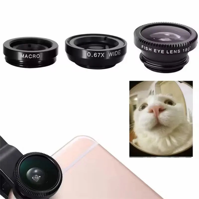 Three black lens attachments for smartphone camera: macro, wide-angle, and fisheye