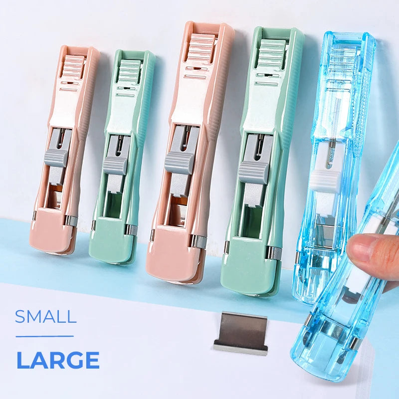 Reusable push paper stapler clamps in assorted pastel colors, multiple sizes