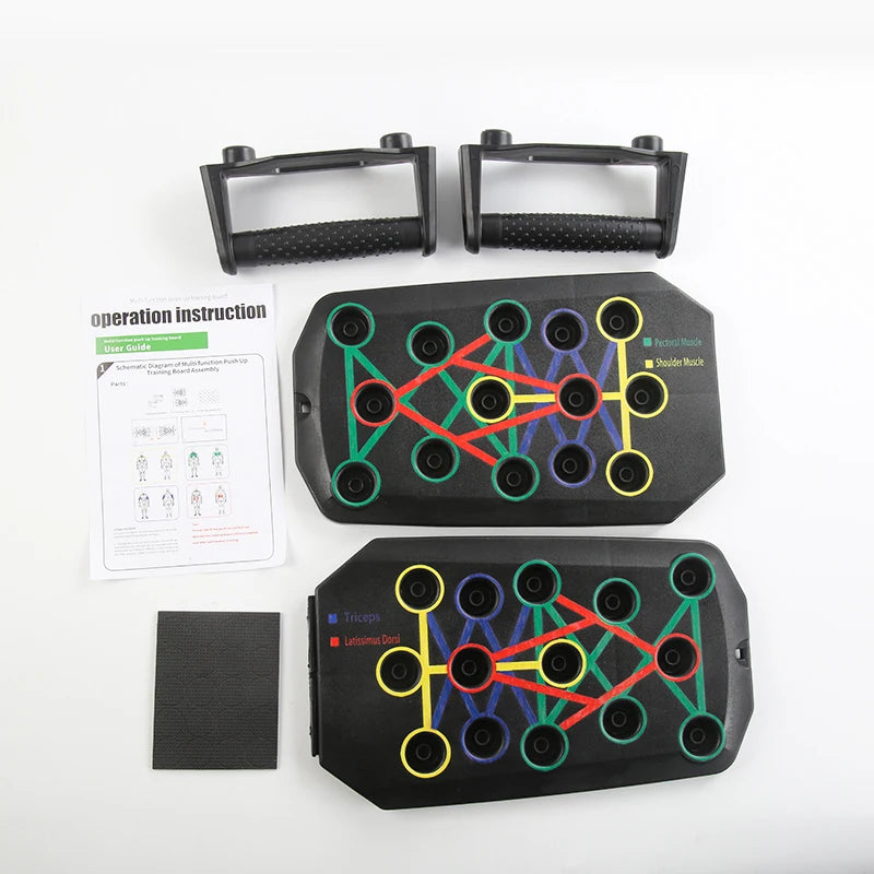 Foldable push-up board set with handles, multi-grip rings, and instruction sheet