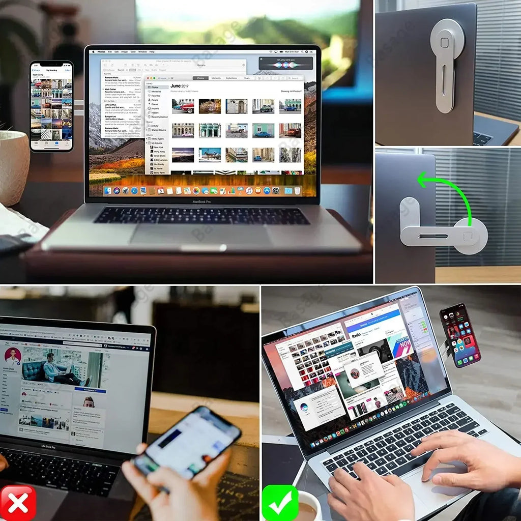 Magnetic phone holder attachment with phone display facing outward on a laptop