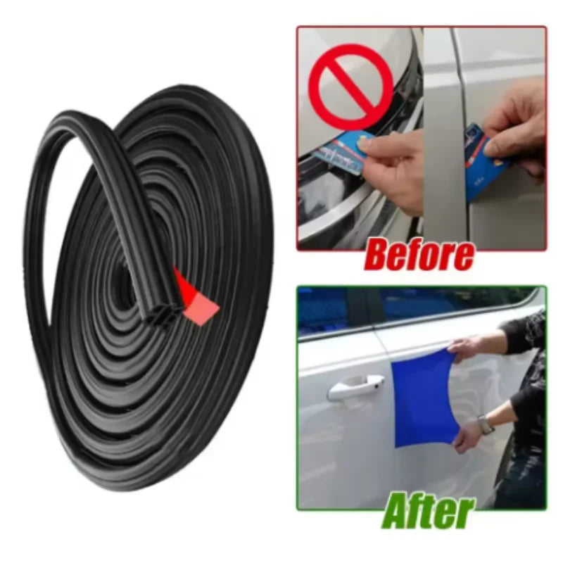Black 3-layer rubber seal strip for car door gaps, before-and-after installation view