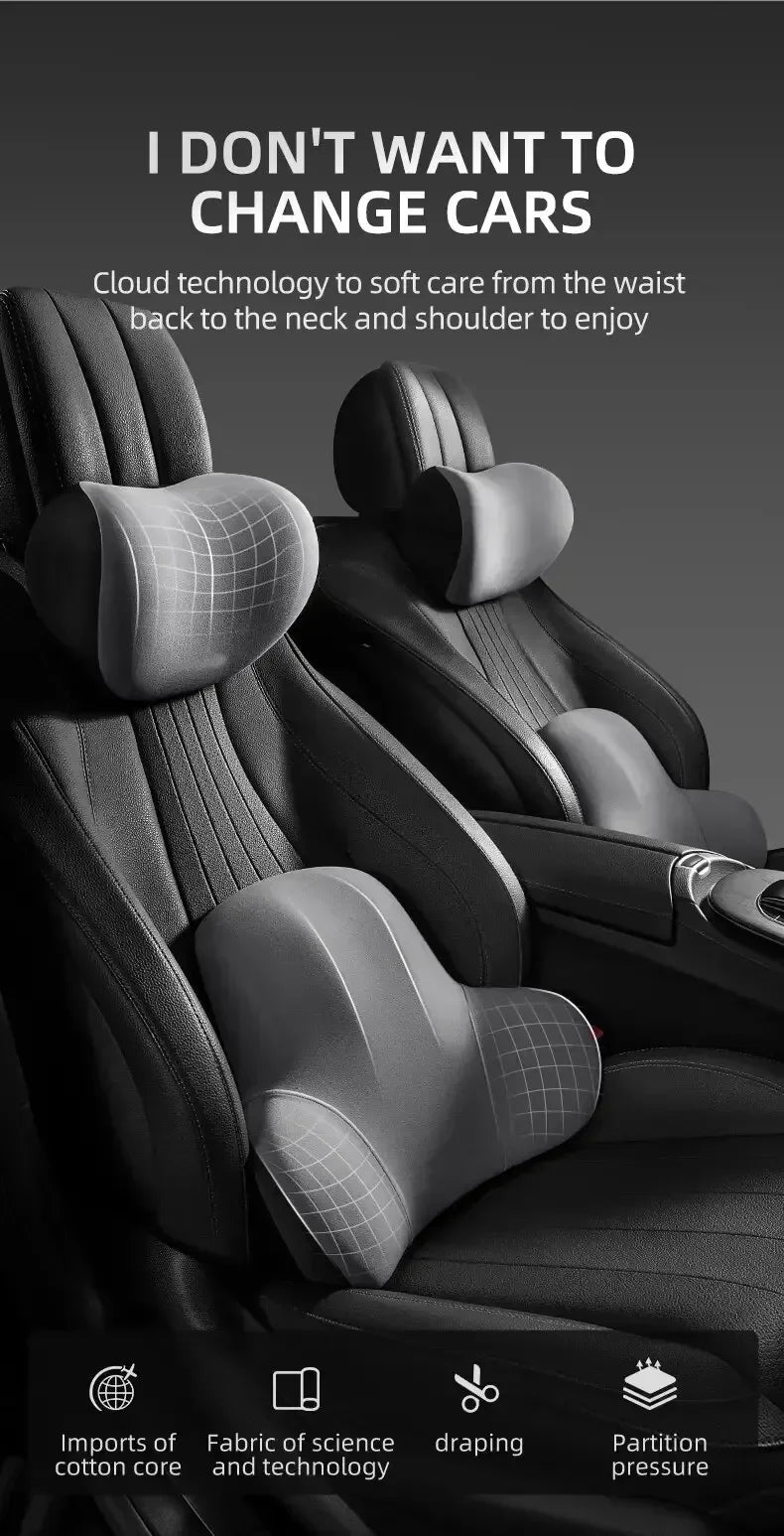 Black car headrest and lumbar support cushion set, includes two contoured cushions