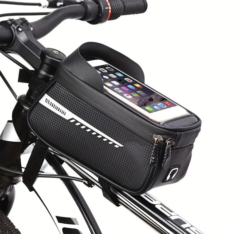 Black front frame bike bag with clear-touch phone window and zipper pocket