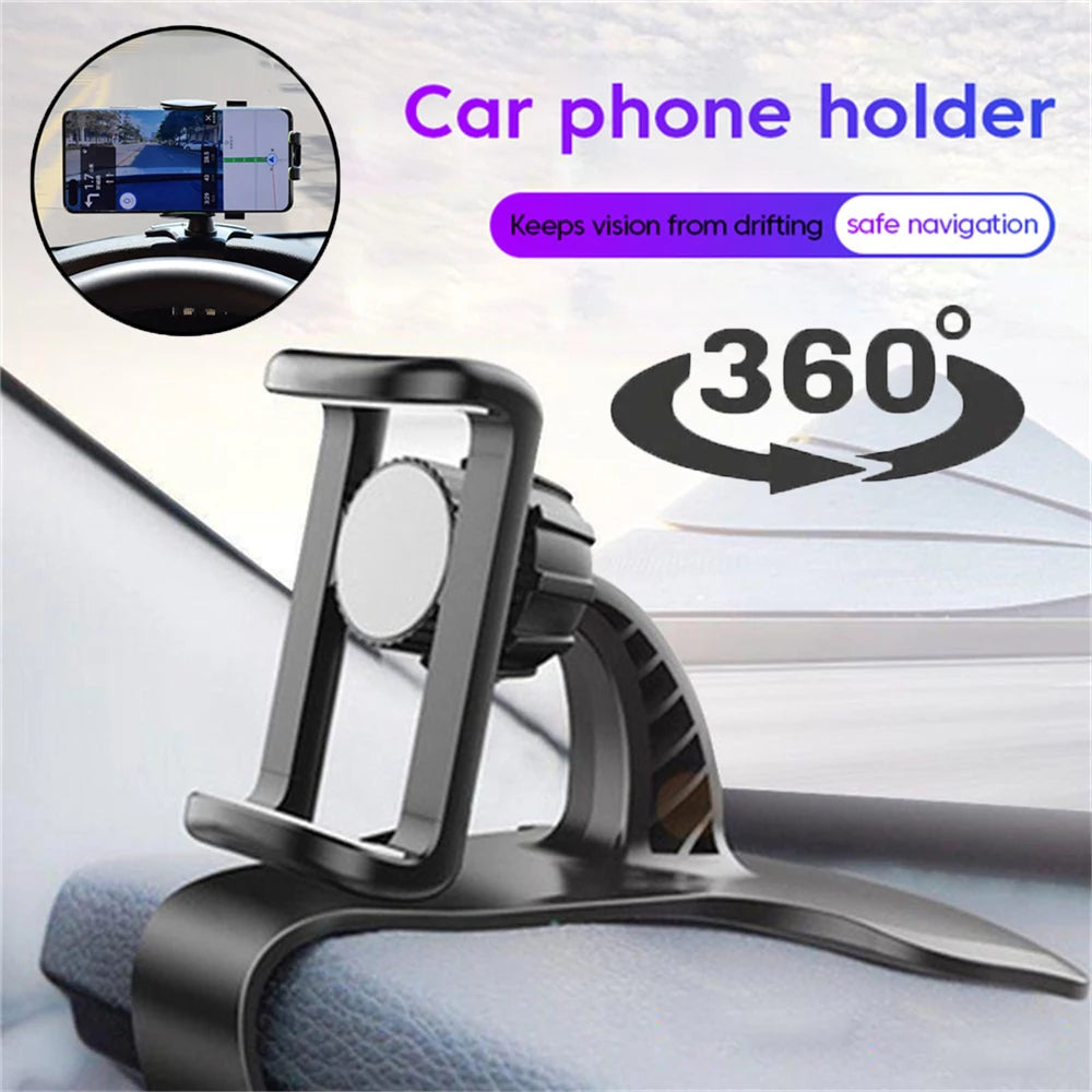 360-degree rotating car phone holder with dashboard stand and side grip