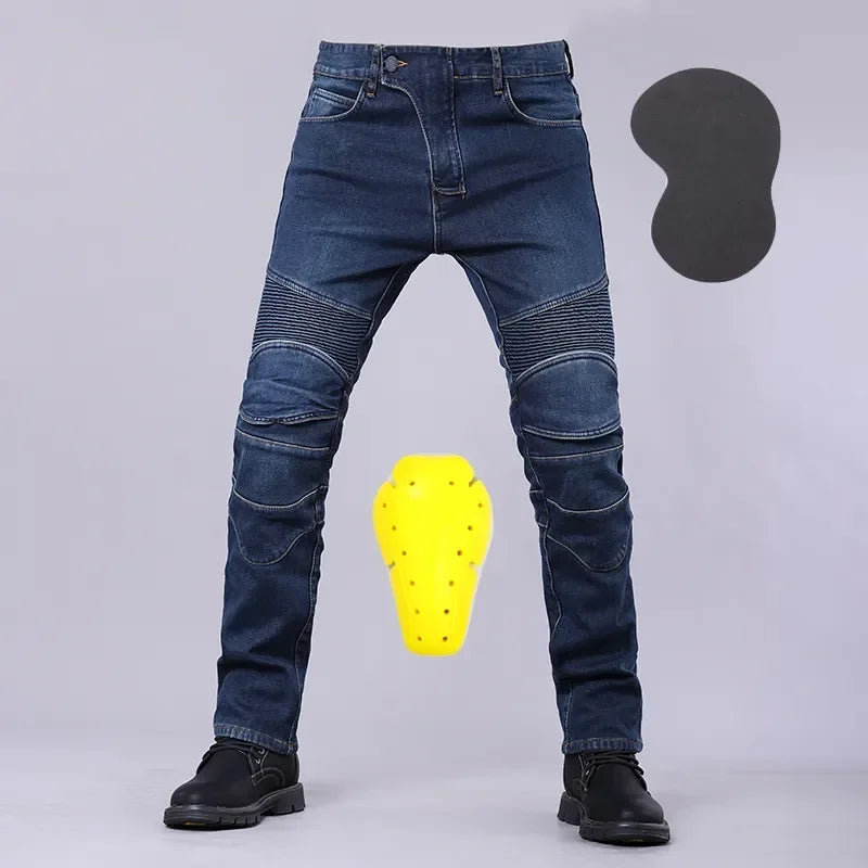 Blue motorcycle riding jeans with knee and thigh armor panels and boot cuffs