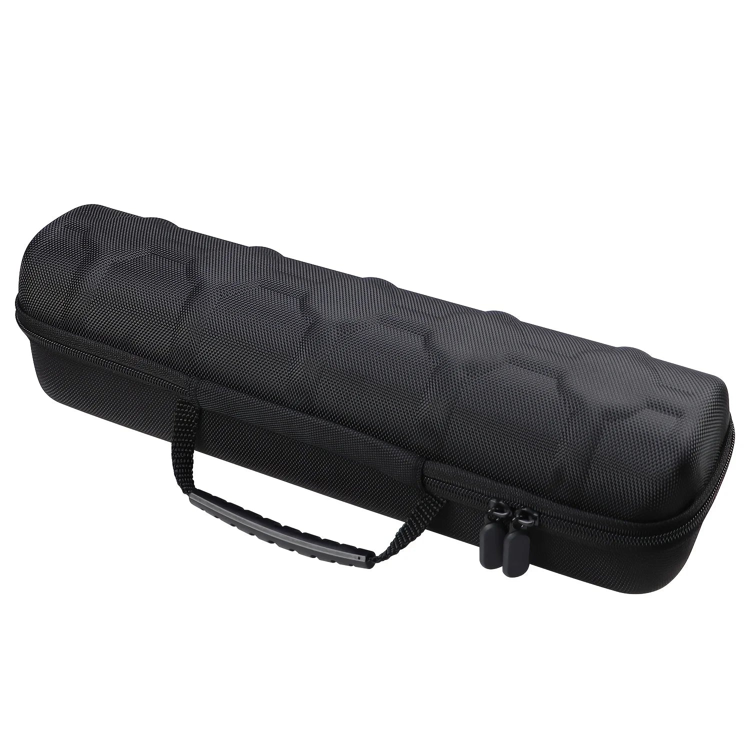 Black textured hard-shell watch case with zip closure and carry strap.