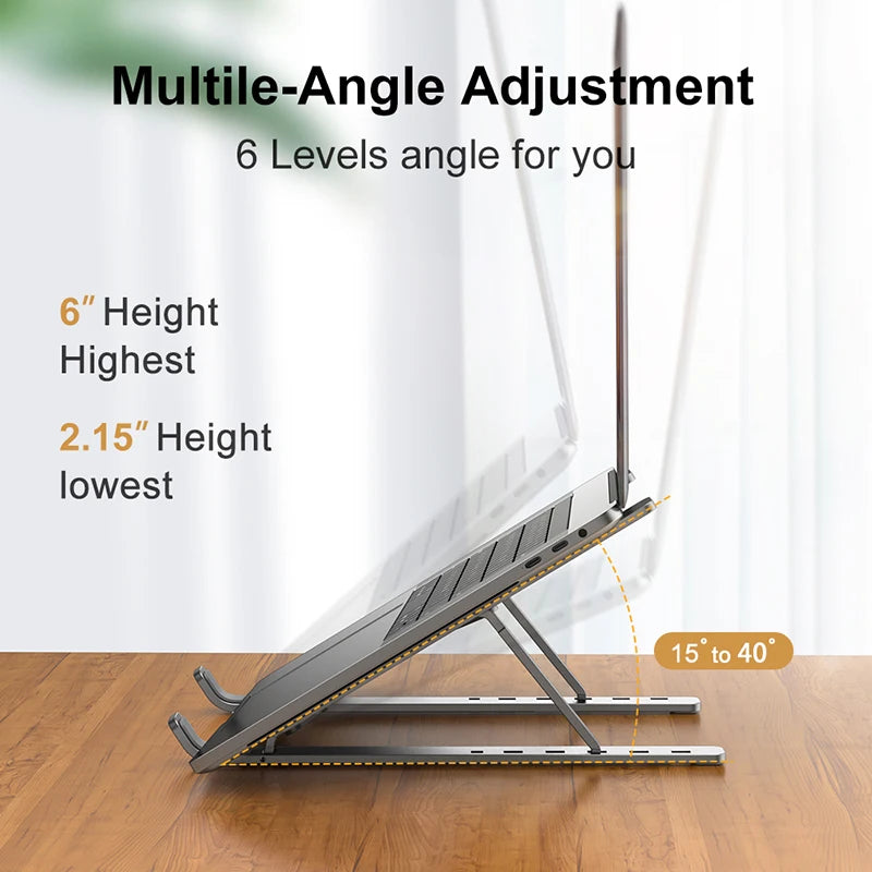 Silver laptop stand showing multiple height angles with support arms