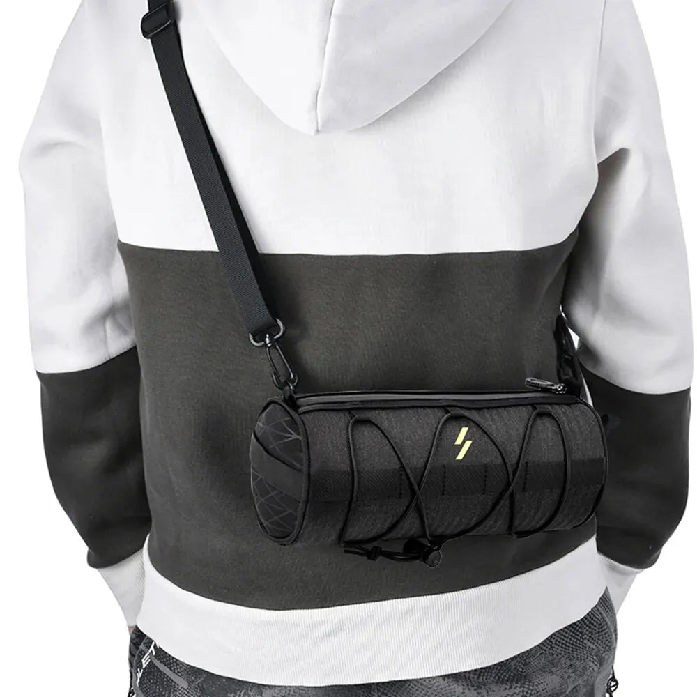 Black crossbody-style bicycle handlebar bag with adjustable strap and front pouch