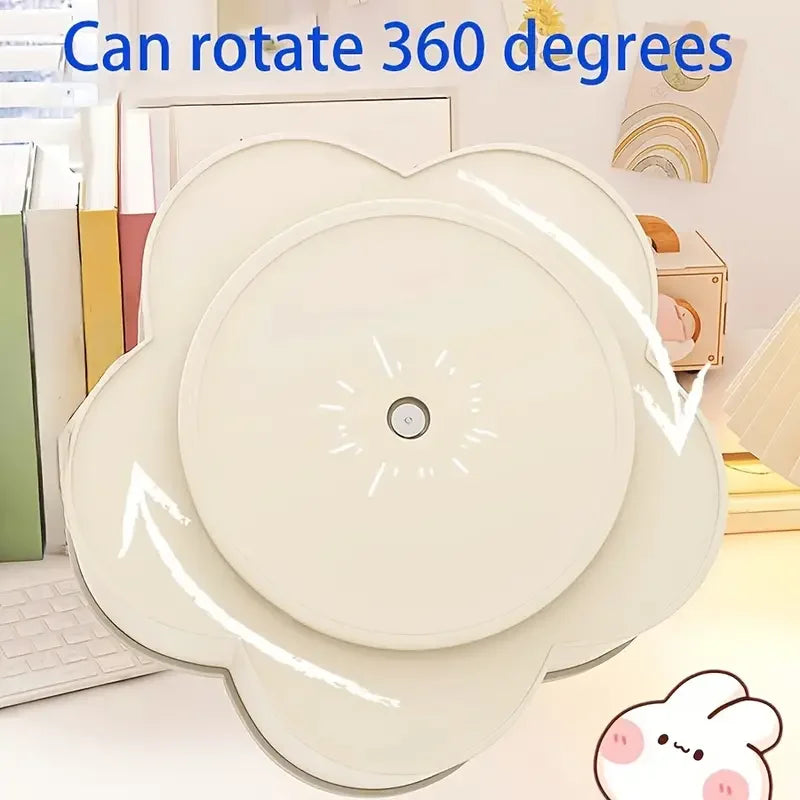 Cream 360 rotating pen holder with bear and rabbit graphics, lid closed